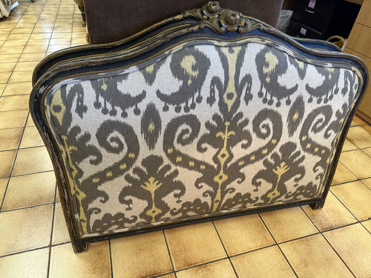 Antique French Twin HB w/ Grey/Yellow Ikat Upholstery