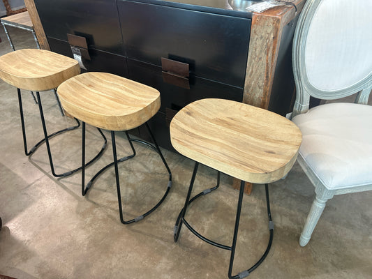 SET of 3 RH Wood Seat Black Legs Barstools