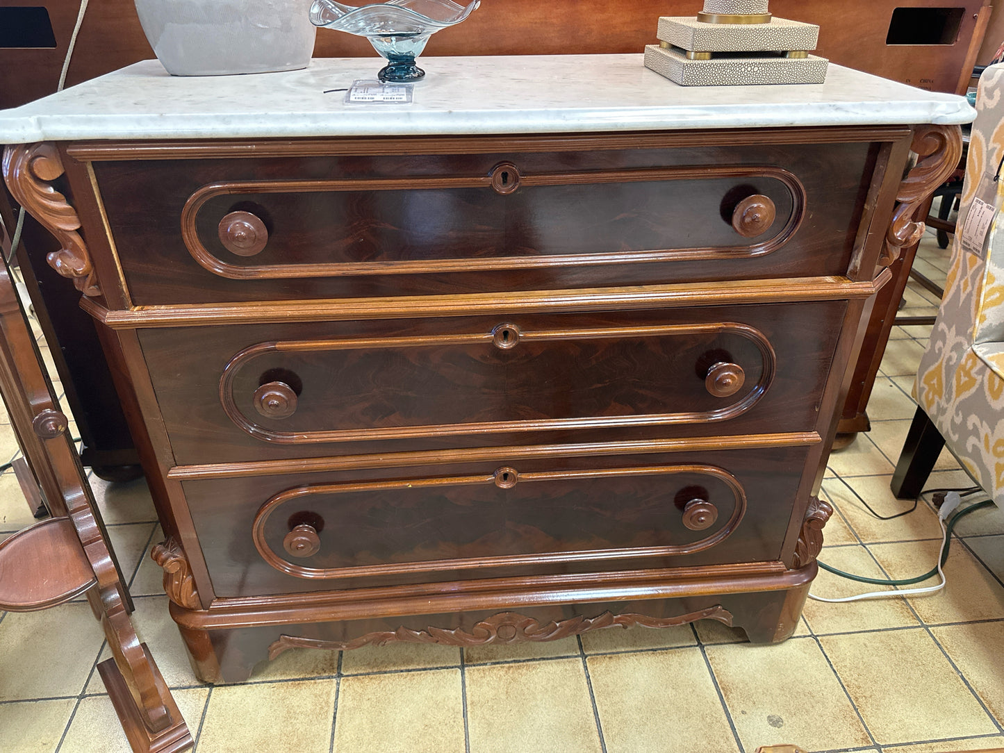 Antique 3 Drawer Dresser (corner chipped)w/ Marble Top & Carved Wood Mirror