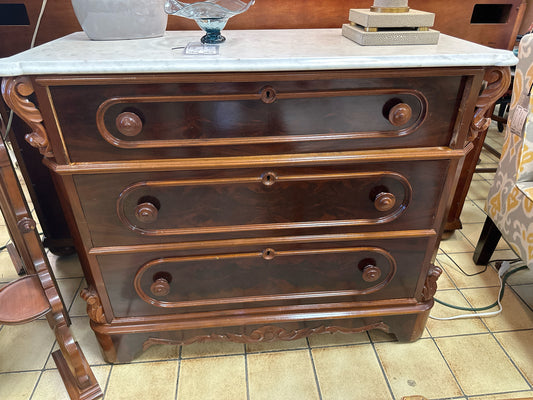 Antique 3 Drawer Dresser (corner chipped)w/ Marble Top & Carved Wood Mirror