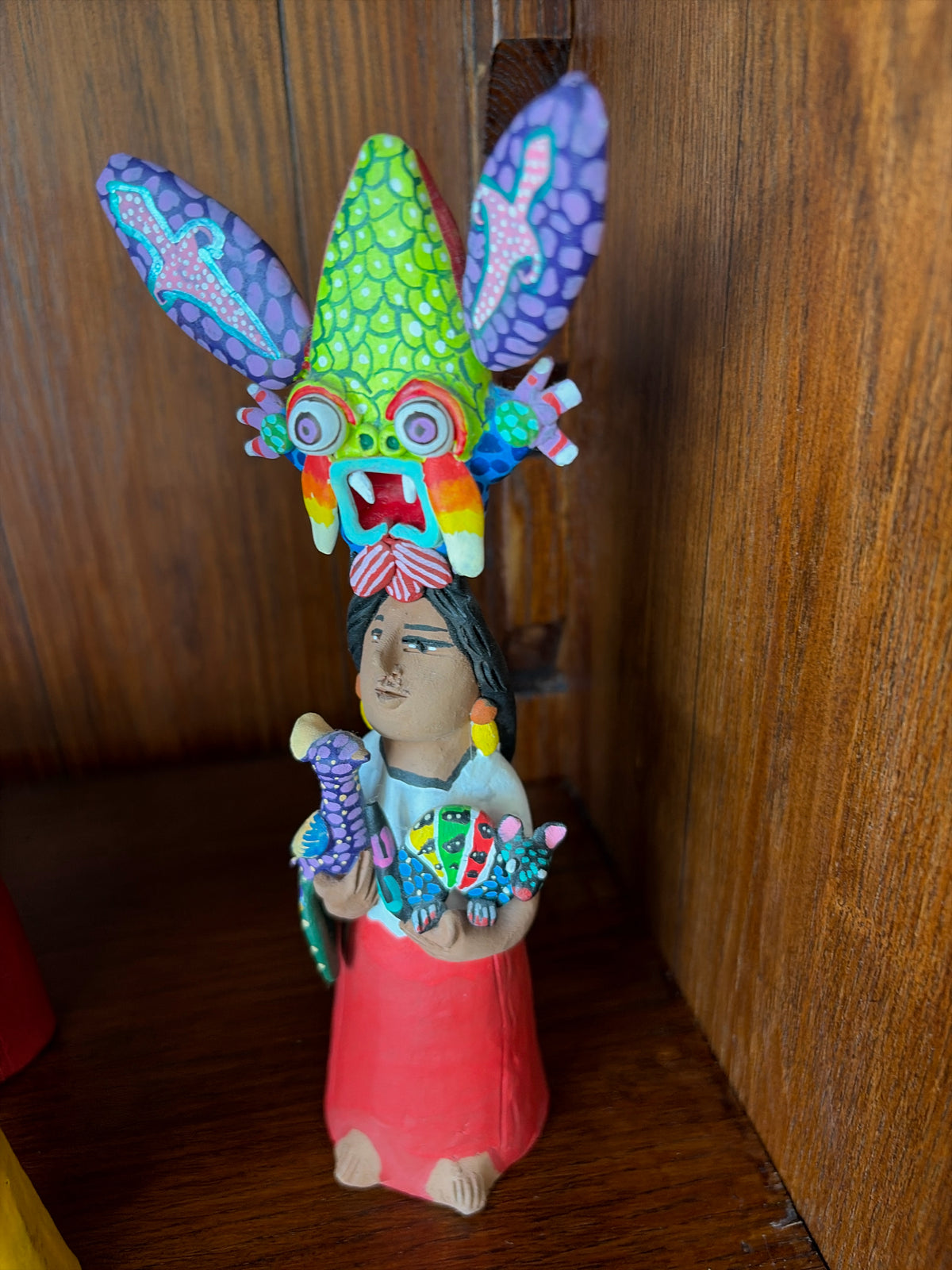Signed Mexican Oaxacan Red Clay Folk Art-Woman w/Creatures by Josefina Aguilar