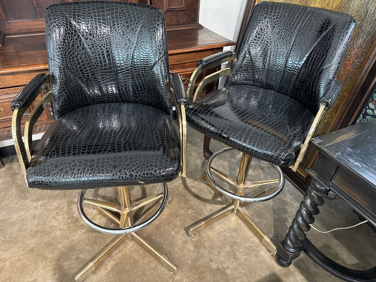 Pair MCM Swivel, Black Faux Crocodile & Gold Metal Leg Barstools