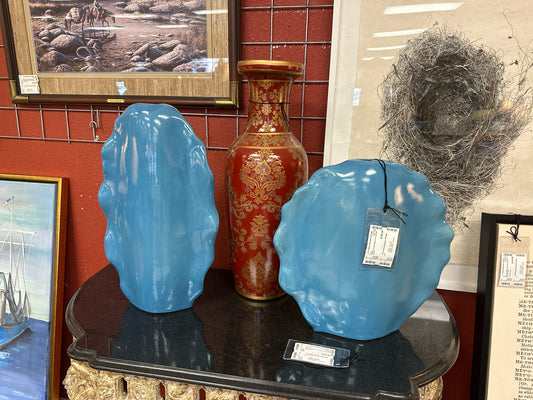 PAIR Utermost Ruffled Feathers Blue Vases