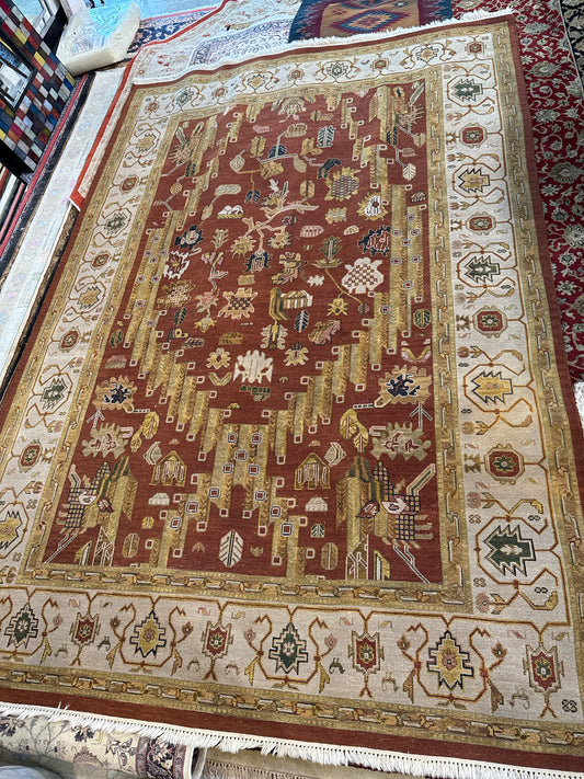 6x9 Hand Knottted Rug w/Fringe Burgundy/Rust/Cream