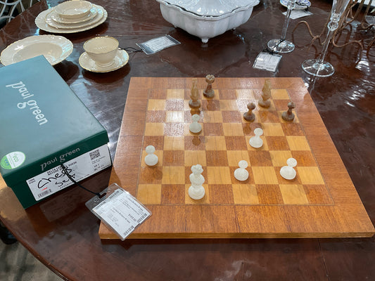 Wood Chess Board w/ Alabaster and Brown Marble Pieces