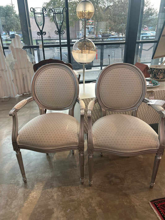 PAIR Ethan Allen Silver Wood French Look Cream/Gray Upholstery
