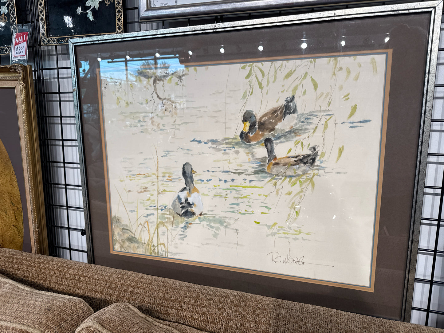 Original Watercolor & Gouache on Silk of Ducks by ATX artist RC Wong 36"x30"