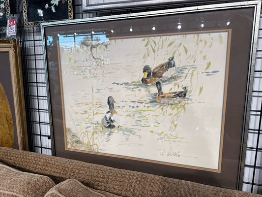 Original Watercolor & Gouache on Silk of Ducks by ATX artist RC Wong 36"x30"