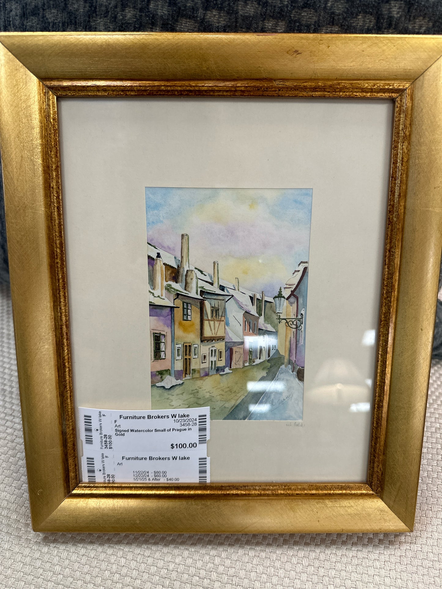 Signed Watercolor Small of Prague in Gold