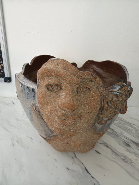 Signed T.M. Sculpted Human Face in Relief Pot