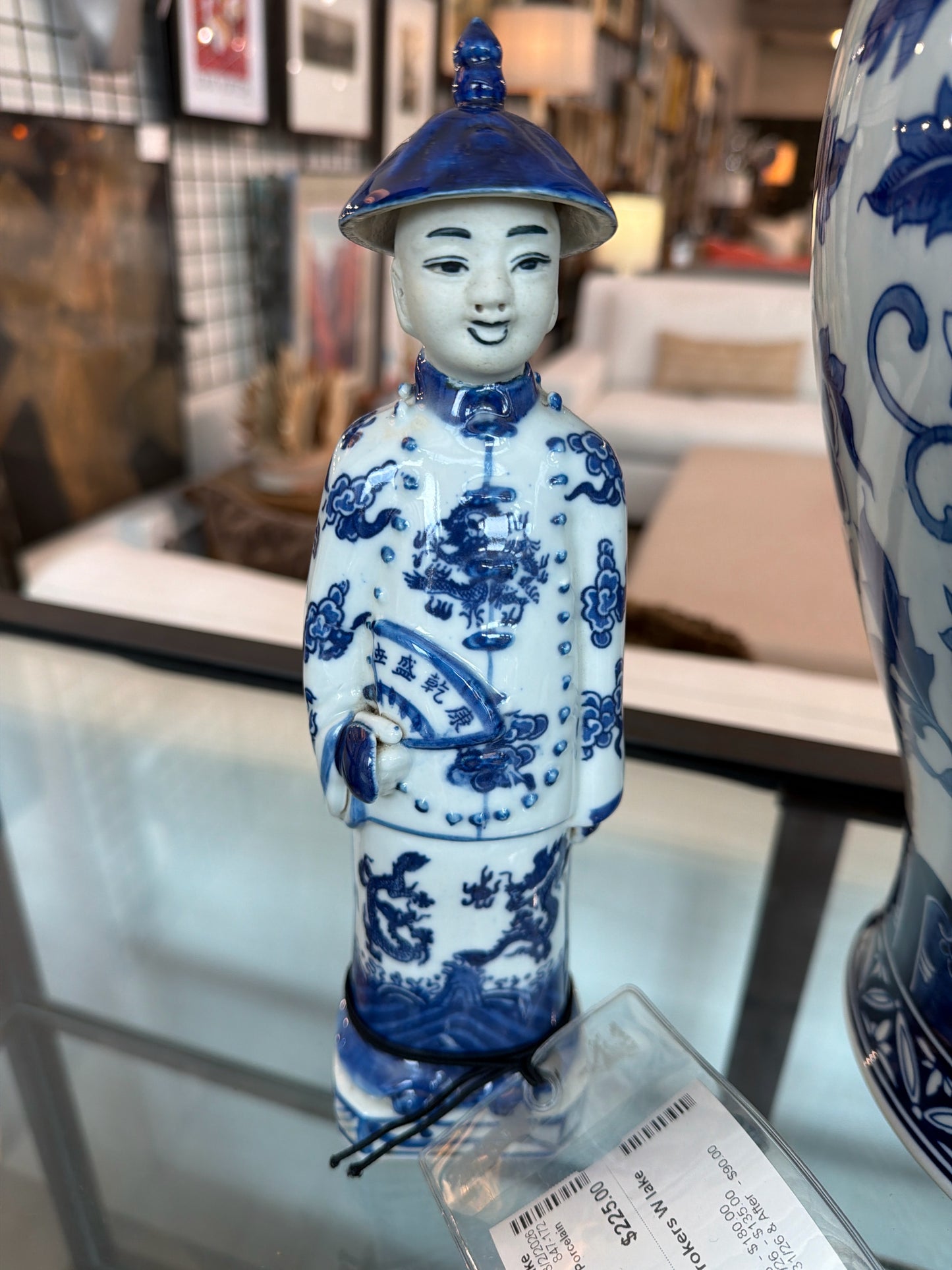 Vintage Chine Blue & White Porcelain Chinese Emperor Figure