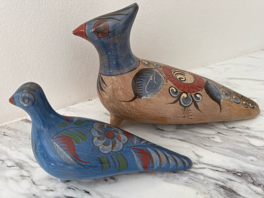PAIR of Vintage Blue and Tan Painted Pottery Birds by Tonala, Mexico