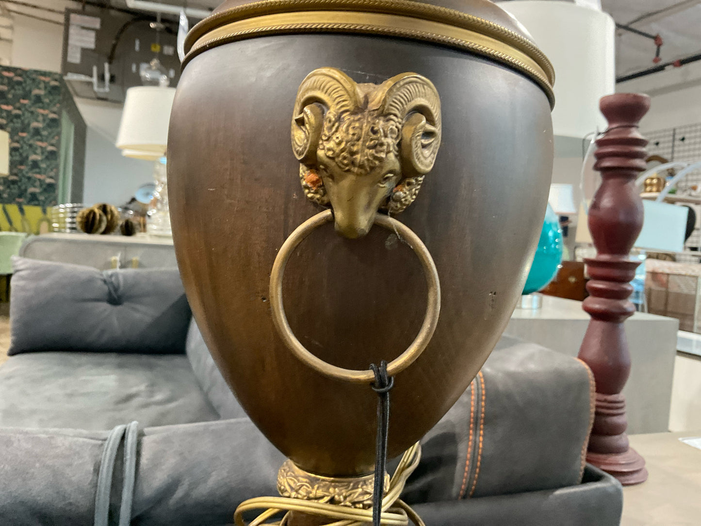 Vintage Pair of Wood and Bronze Urn Lamp w/ Ram Detail