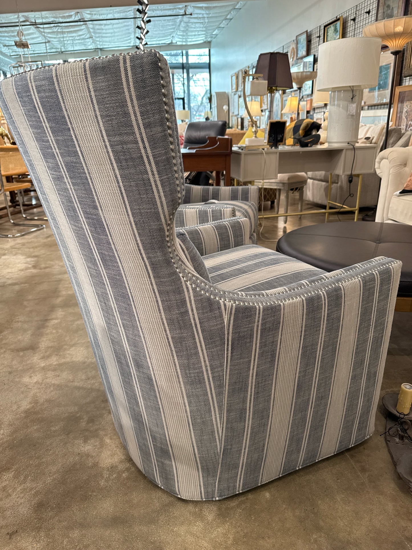 Wesley Hall Luna Swivel Chair in Blue-Gray/Tan Stripes (New)