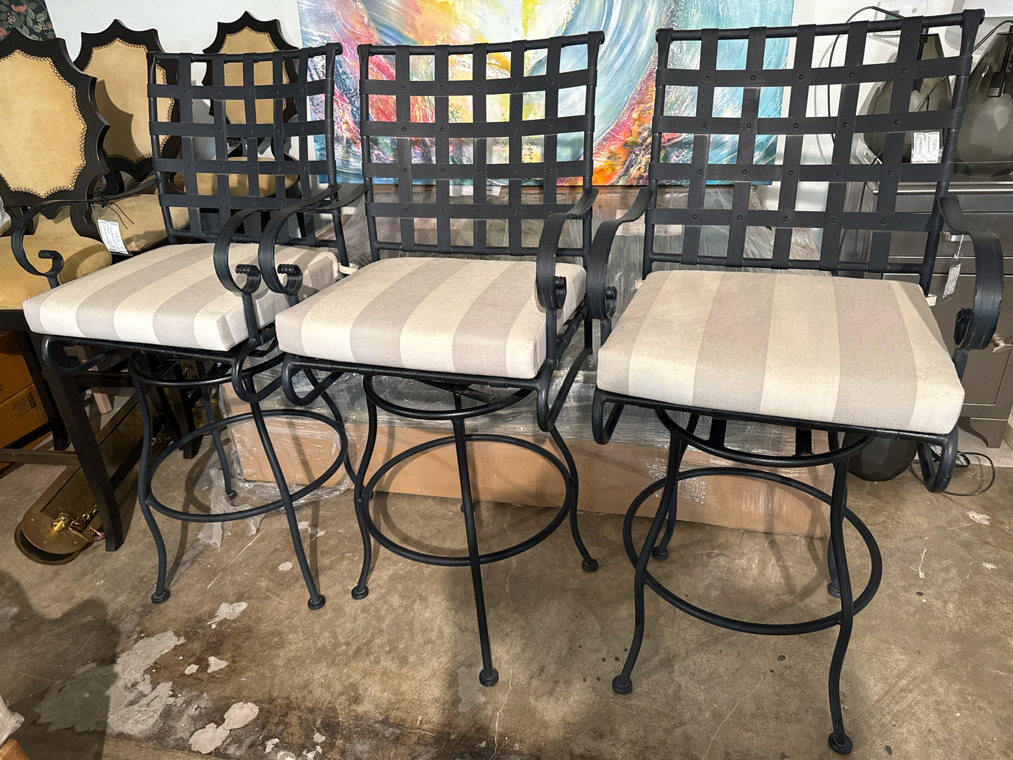 OW Lee Outdoor Classico Wrought Iron Swivel Barstools w/Cushions(Set of 3)
