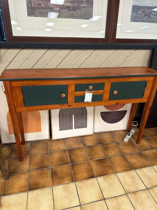 Pine Console/ Sofa Table w/ Dark Green Drawers