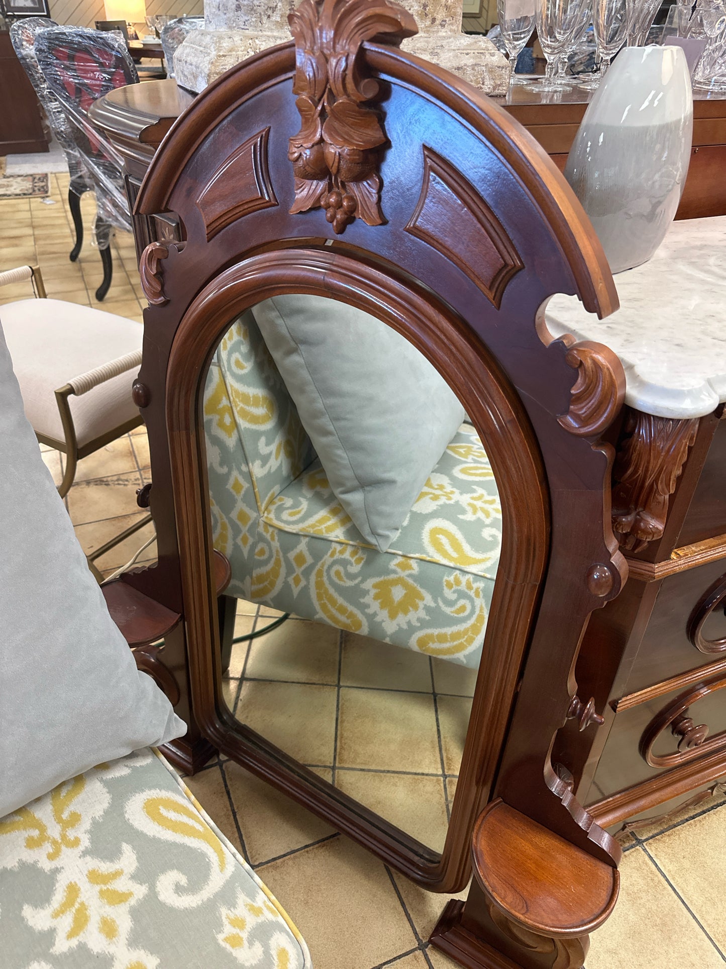 Antique 3 Drawer Dresser (corner chipped)w/ Marble Top & Carved Wood Mirror