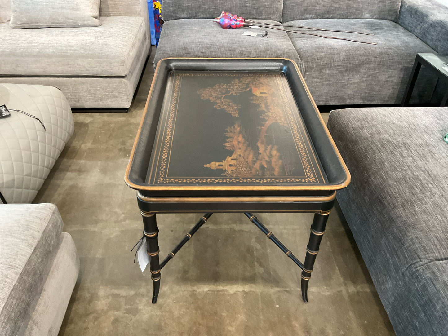Chinoiserie Style Black and Gold Tray Coffee Table