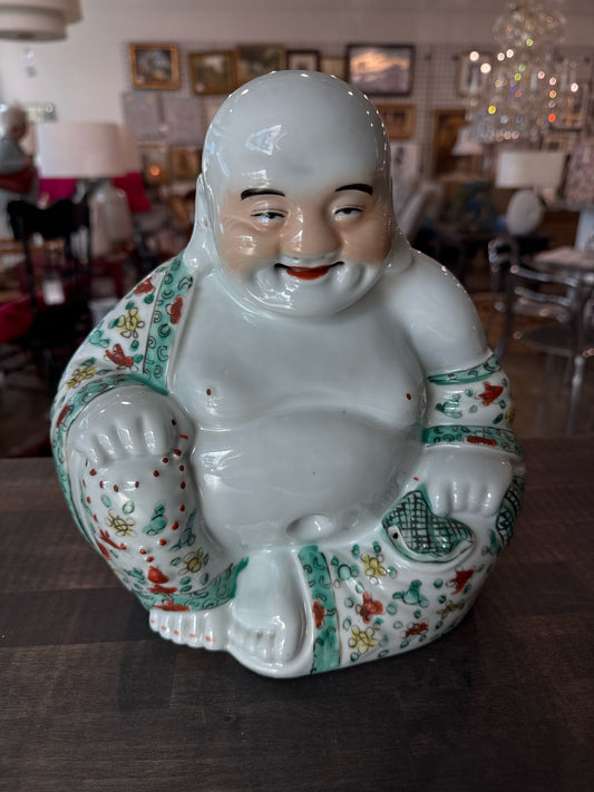 Chinese White Porcelain Buddha with Hand Painted Floral Robe