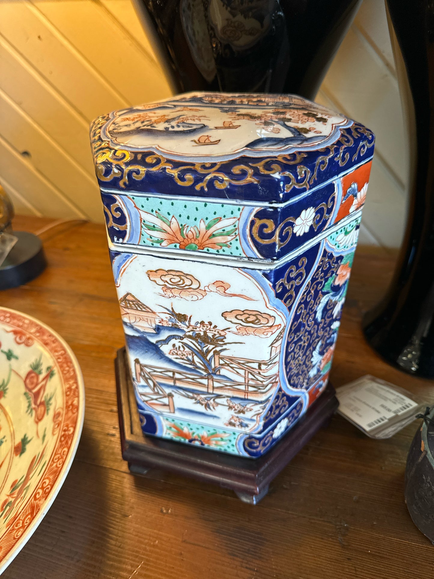Vintage Imari Porcelain Hexagon Tea Box with Lid and Stand