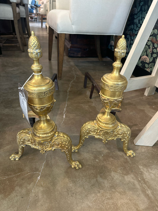 PAIR Antique Brass Andirons 18" tall