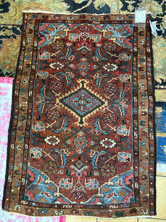 Hand Made Wool Rug in Brown/Blues/Pink, 45" x 30.5"