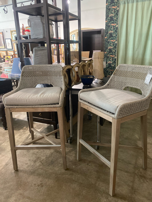 Pair Essentials for Living Woven Gray/ Beige Barstools w/ Gray Cushion