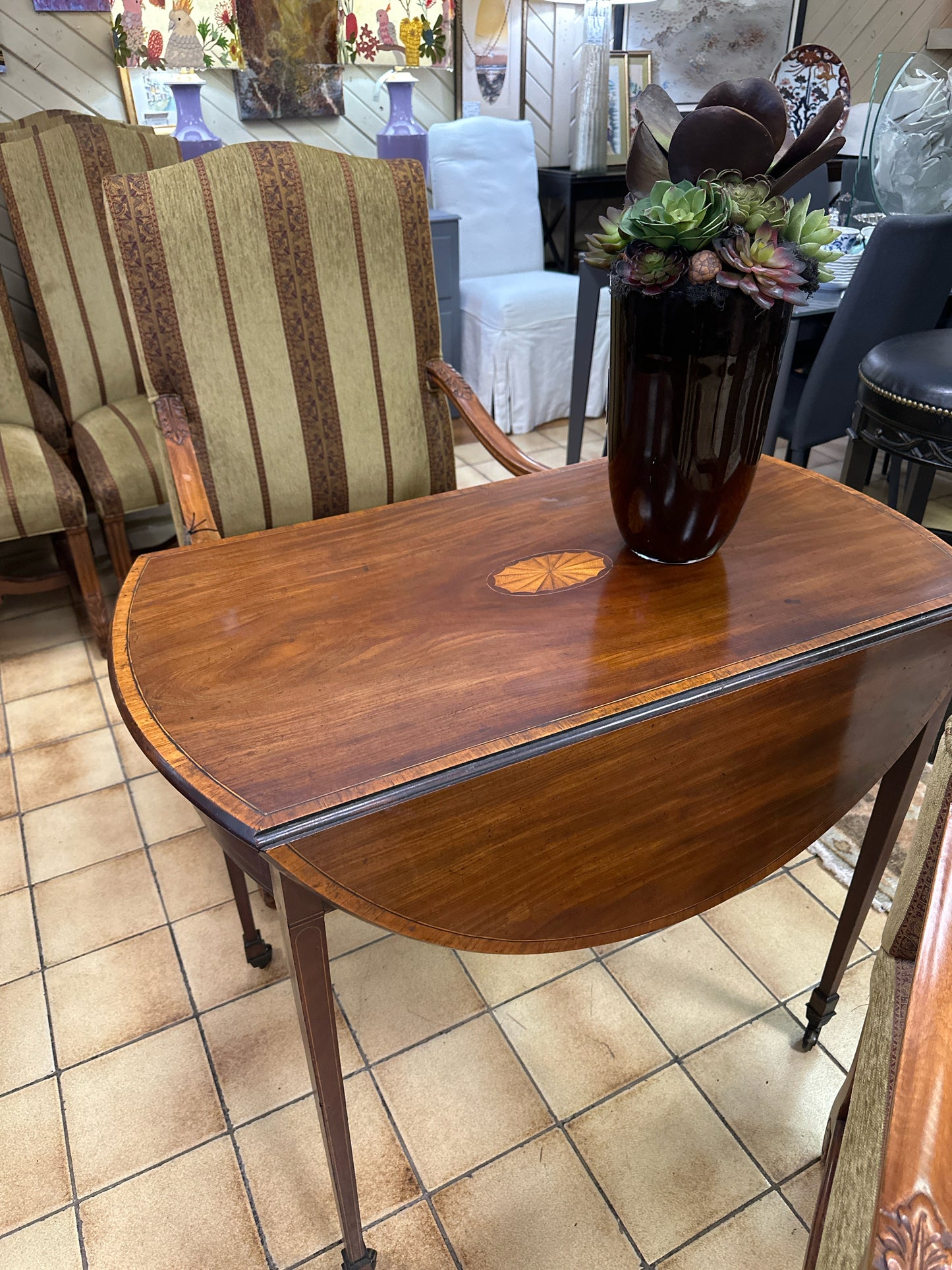 Antique Drop Leaf Side Table w/ In Lay Detail