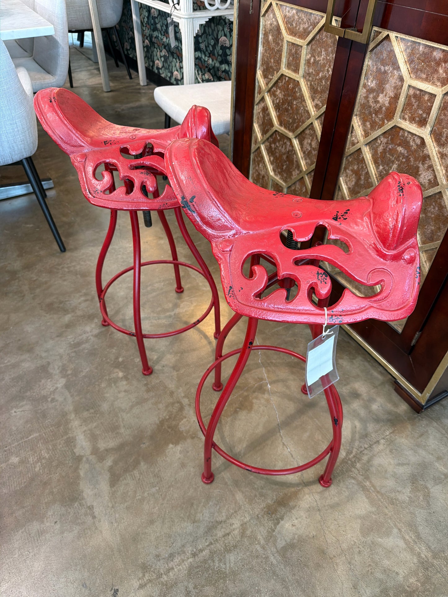 PAIR Vintage Red Metal Saddle Bar Stools Adjustable Seats