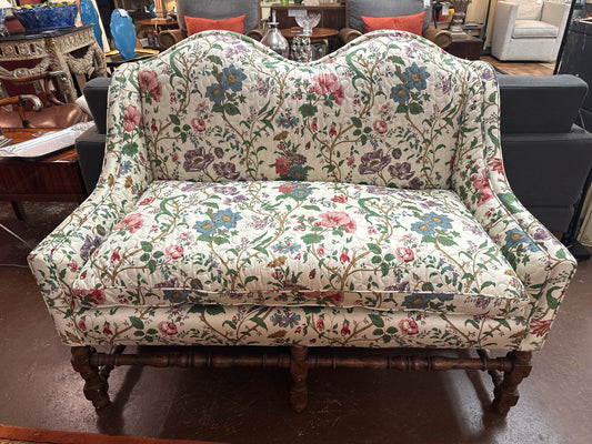 Floral Upholstered Camel Back Wood Legs Settee