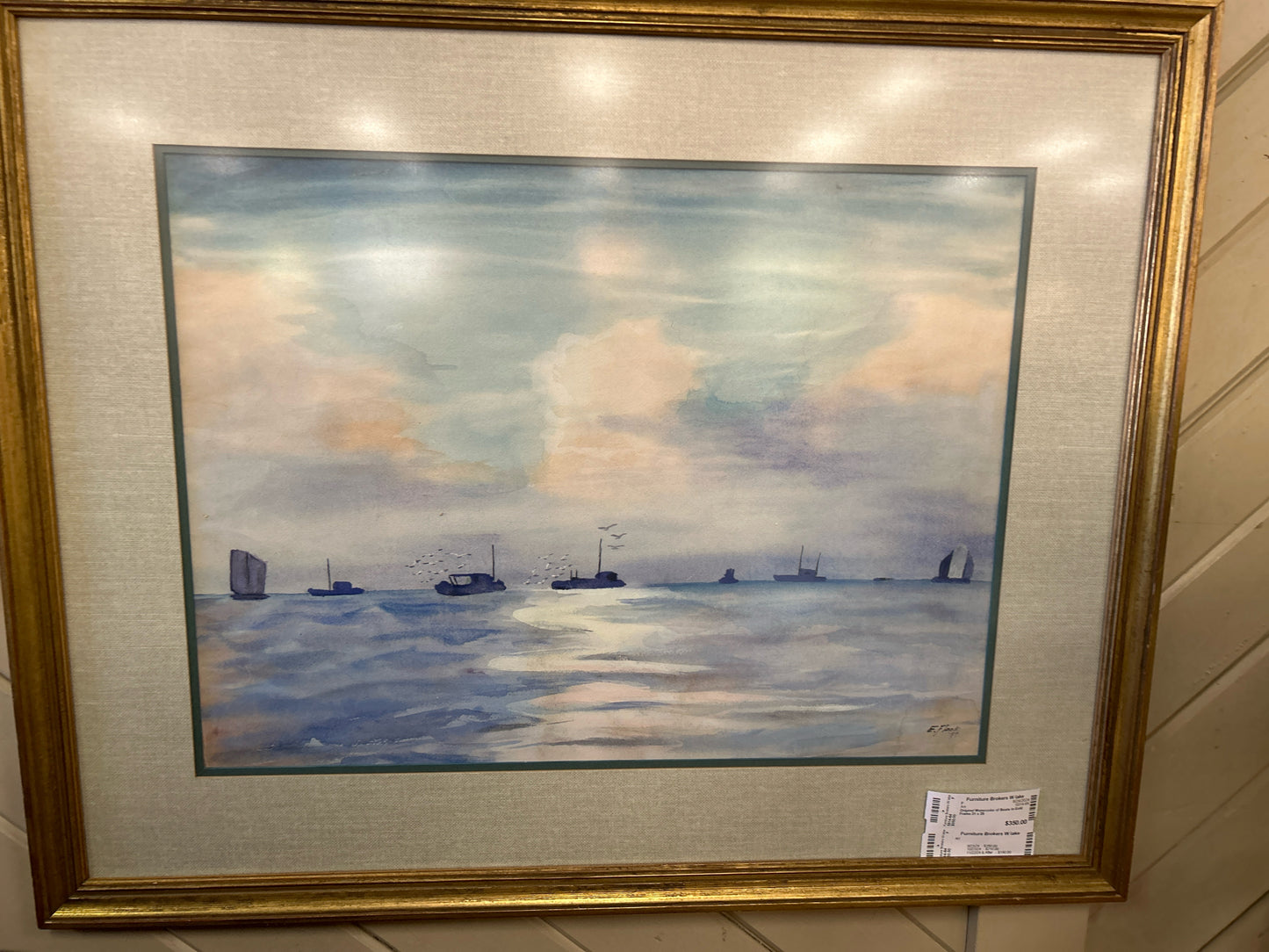 Original Watercolor of Boats in Gold Frame 31 x 25