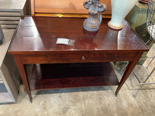 Dark Wood Plank Top Table w/ Lower Shelf & 1 Drawer on Casters