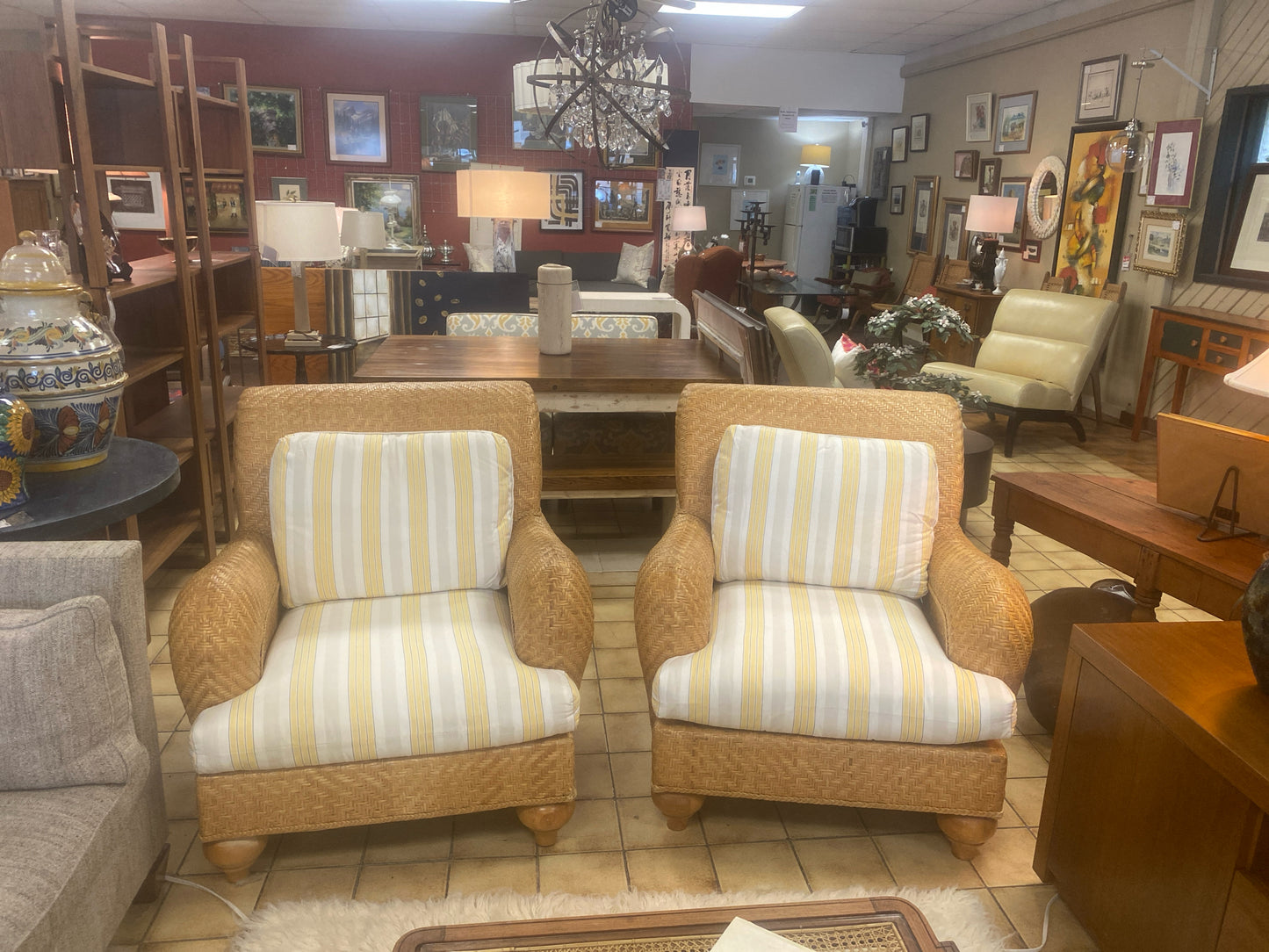 PAIR -  Henry Link Vintage MCM Wciker Chairs w/ Yellow/ White Stripe Upholstery