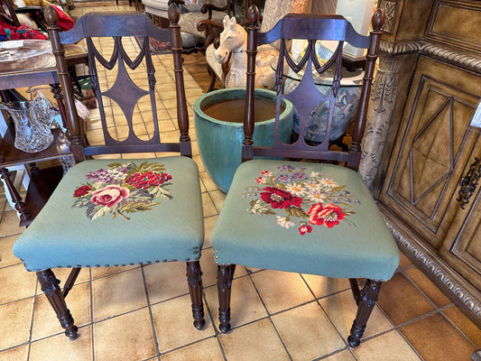 PAIR of Vintage Green Needlepoint Side Chairs with Red Floral Design