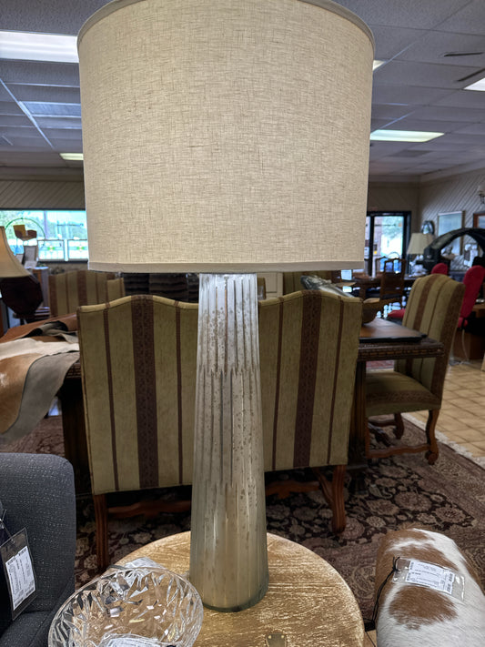 Jamie Young Striped Silver Pillar Table Lamp w/ Linen Barrel Shade