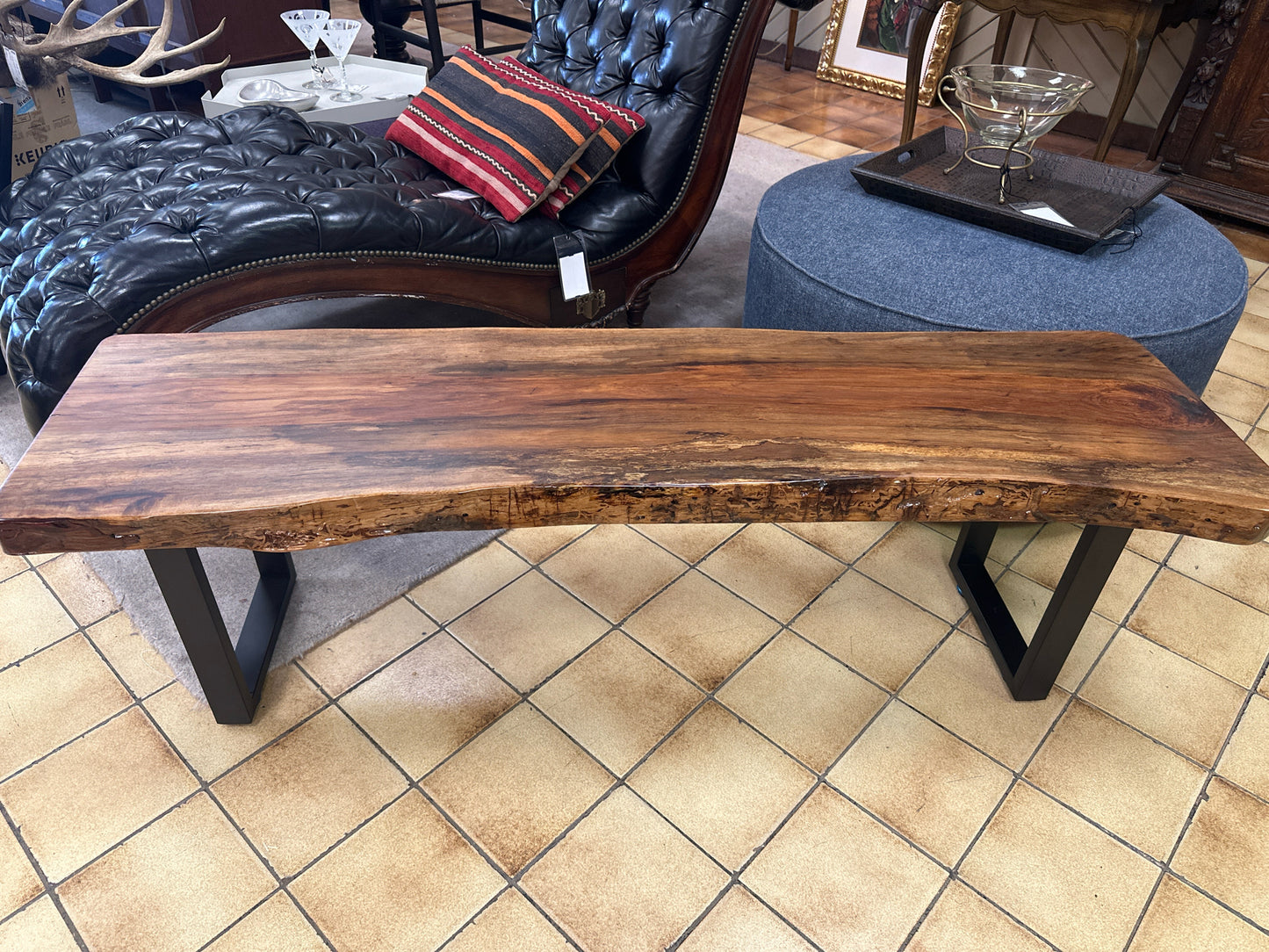 Spalted Pecan Live Edge Wood Bench w/ Metal Legs