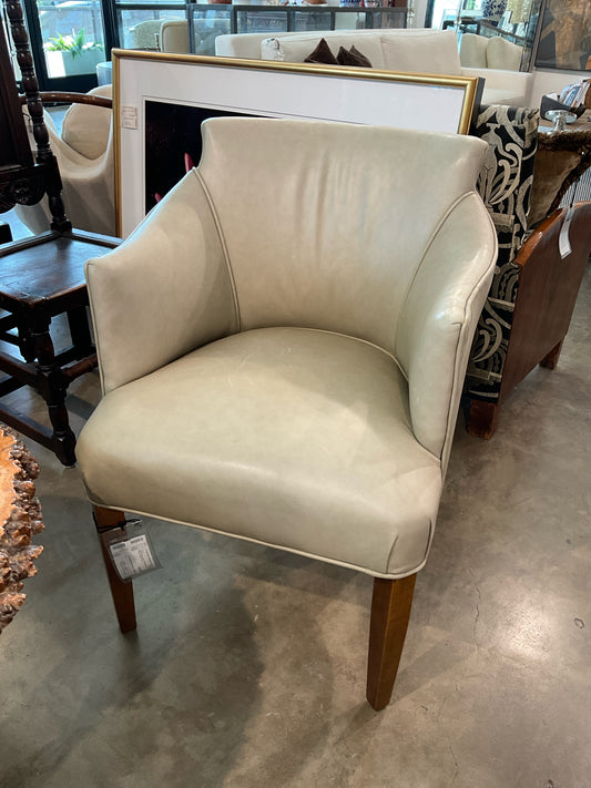 Light Grey Leather Barrel Back Arm Chairs w/Oak Legs