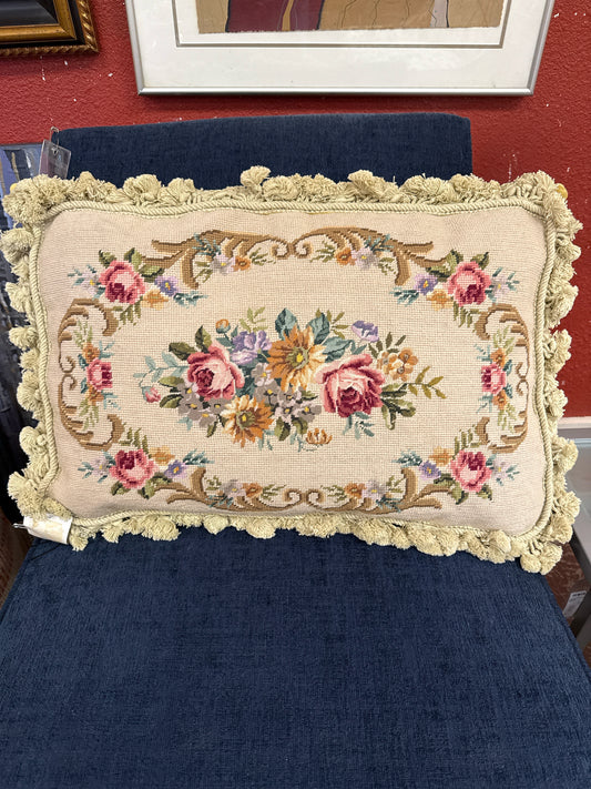 Tapestry Floral Pillow- Retangle Gold Velvet w/ Fringe (25x25)