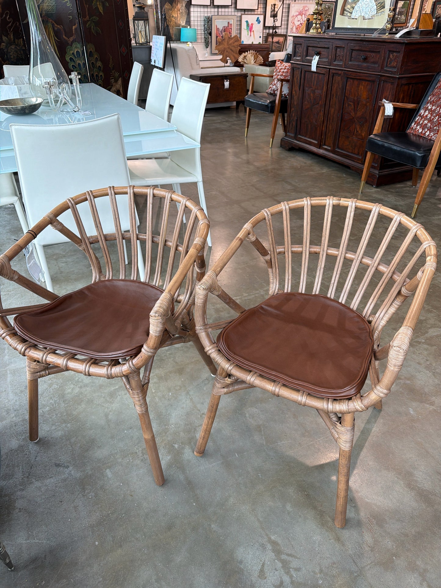 PAIR Indoor Bamboo Arm Chairs w/ Leather Seats