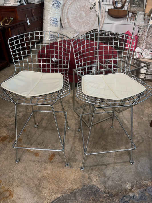 Pair Knoll Bertoia Chrome Barstool w/Seat Cushion