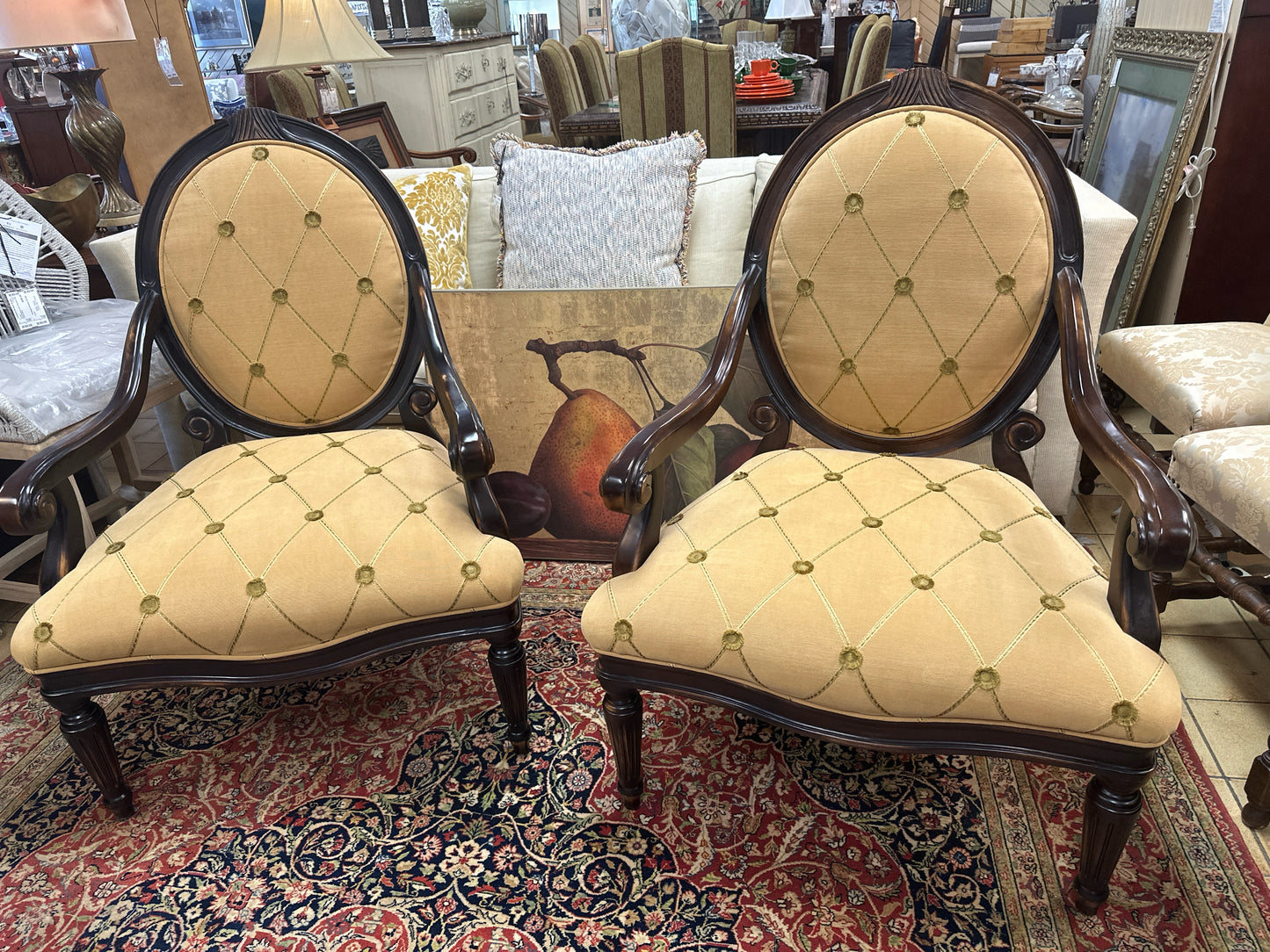 PAIR of Accent Chairs Wood w/ Gold Upholstery