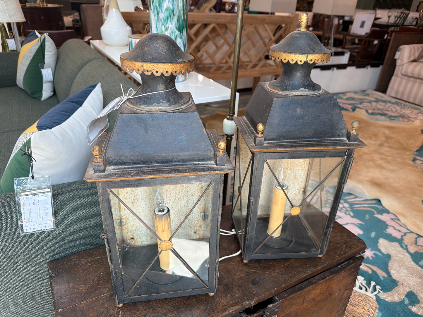 PAIR Antique French Coach Lantern-Copper/Glass