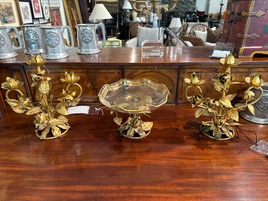 Vintage Italian 3-Piece Set Metal Candles w/ Bowl  (metal tags marked Italy)