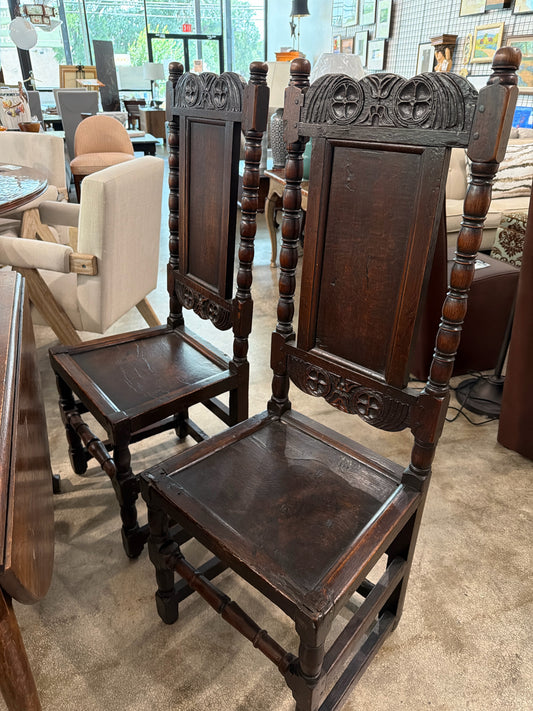 PAIR Antique Oak Carved Chairs (46" H 18" D 17" W)