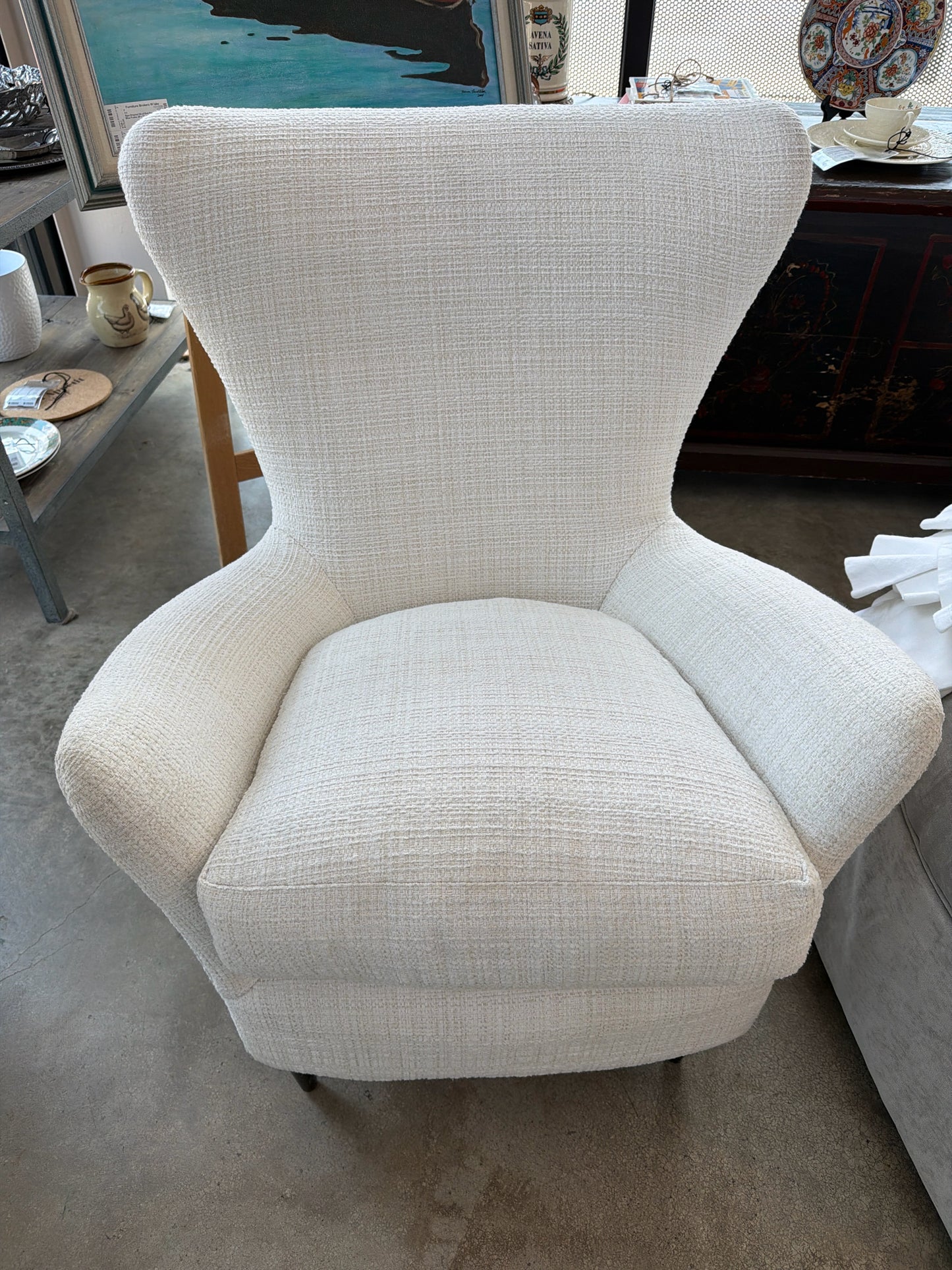 Italian Wingback Style Chair Off White Textured Taper Black Legs
