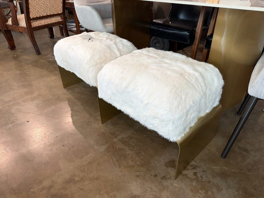 Goatskin/Rabbit Upholstered Brushed Gold Base Ottoman/Stool