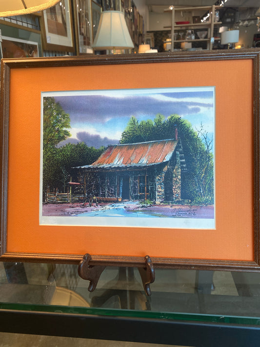 Anthony Shamposke Signed Watercolor of Cabin in Texas w/Dark Wood Frame (15"x 12