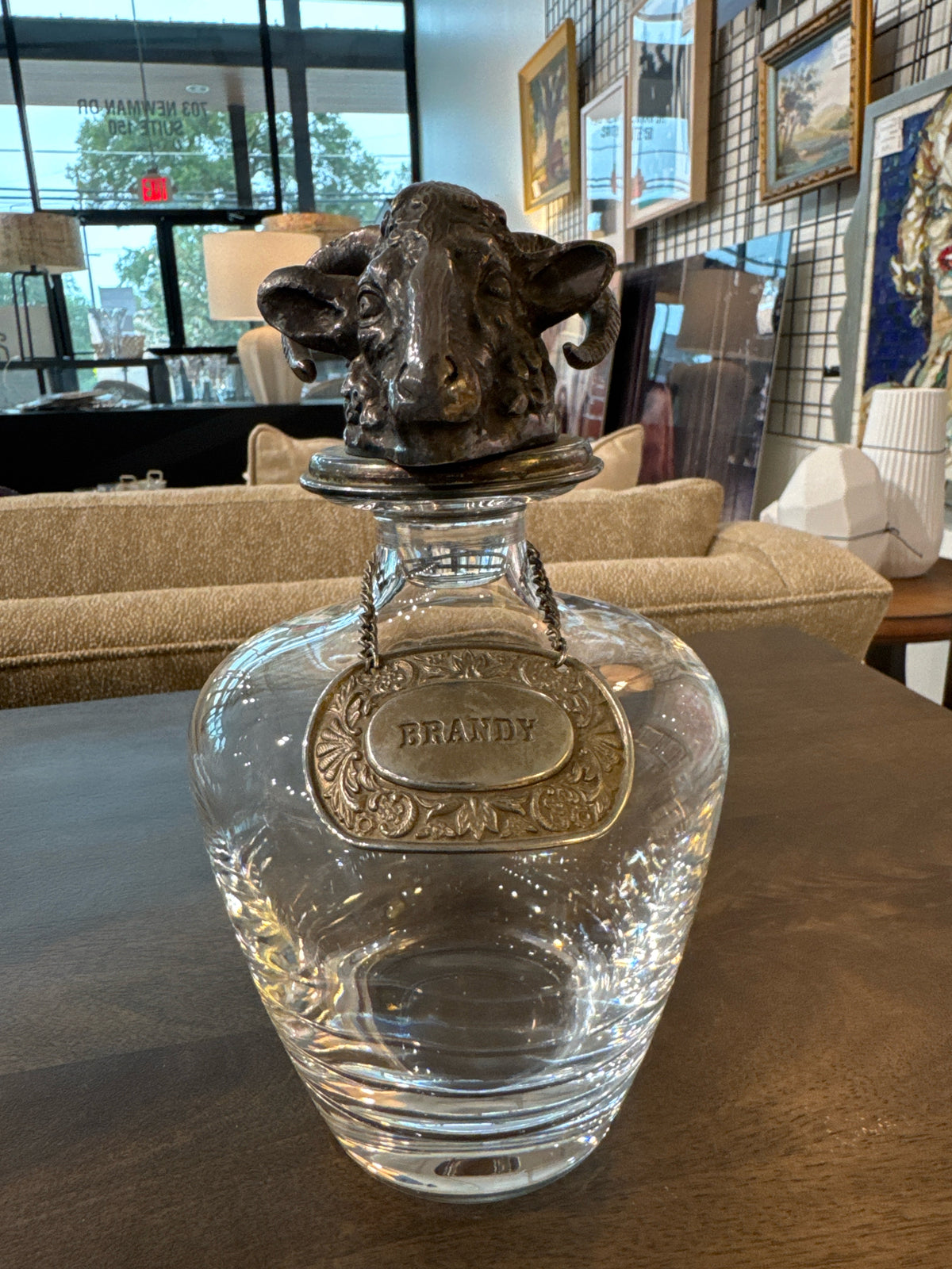 Crystal Decanter with Ram's Head Stopper and Brandy Tag