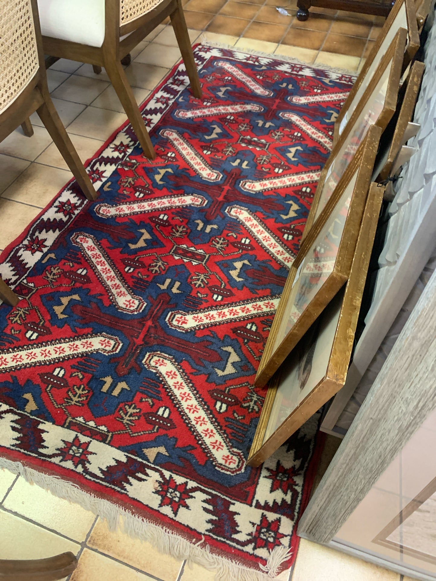 Hand Knotted Turkish Wool- Red/Blue/Cream 79"x42"
