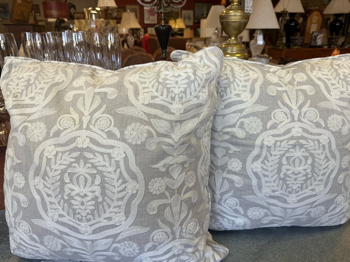 PAIR Grey/Cream Stitched Embroidered Pillows